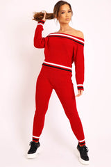 Red Knitted Bardot Jumper Legging Loungewear Co-ord - Neala-Co-ords