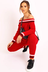 Red Knitted Bardot Jumper Legging Loungewear Co-ord - Neala-Co-ords