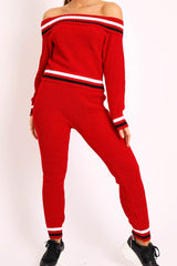 Red Knitted Bardot Jumper Legging Loungewear Co-ord - Neala-Co-ords