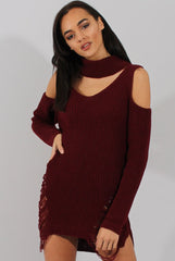Red Knitted Cut Out Front Cold Shoulder Distressed Jumper Dress - Jamie-Dresses