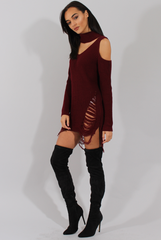 Red Knitted Cut Out Front Cold Shoulder Distressed Jumper Dress - Jamie-Dresses