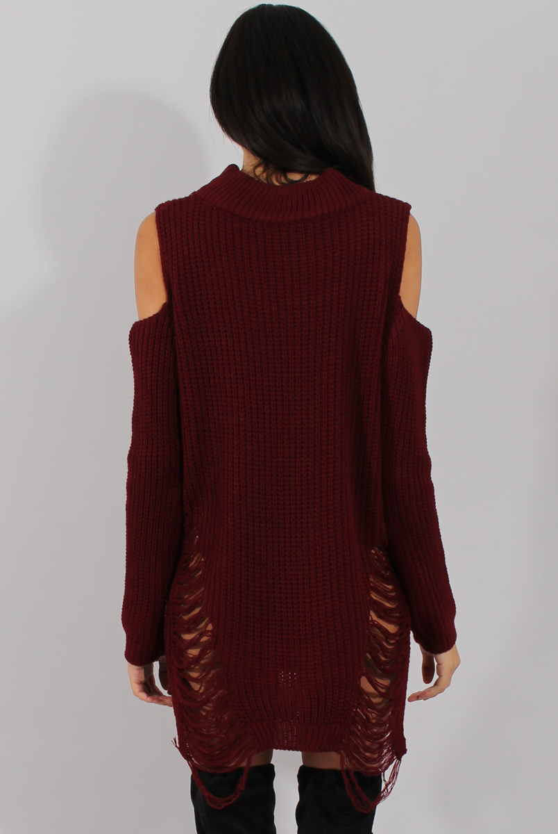 Red Knitted Cut Out Front Cold Shoulder Distressed Jumper Dress - Jamie-Dresses