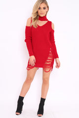 Red Knitted Cut Out Front Cold Shoulder Distressed Jumper Dress - Jamie-Dresses