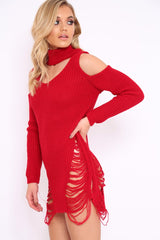 Red Knitted Cut Out Front Cold Shoulder Distressed Jumper Dress - Jamie-Dresses