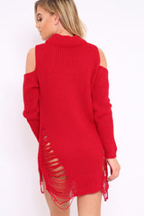Red Knitted Cut Out Front Cold Shoulder Distressed Jumper Dress - Jamie-Dresses