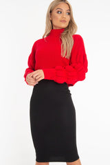 Red Knitted Puff Arm High Neck Jumper - Lola-Jumper
