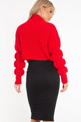 Red Knitted Puff Arm High Neck Jumper - Lola-Jumper