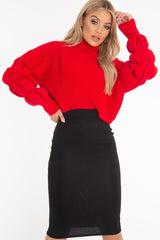 Red Knitted Puff Arm High Neck Jumper - Lola-Jumper