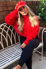 Red Knitted Puff Arm High Neck Jumper - Lola-Jumper