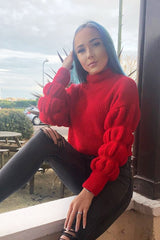 Red Knitted Puff Arm High Neck Jumper - Lola-Jumper