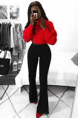Red Knitted Puff Arm High Neck Jumper - Lola-Jumper