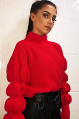Red Knitted Puff Arm High Neck Jumper - Lola-Jumper