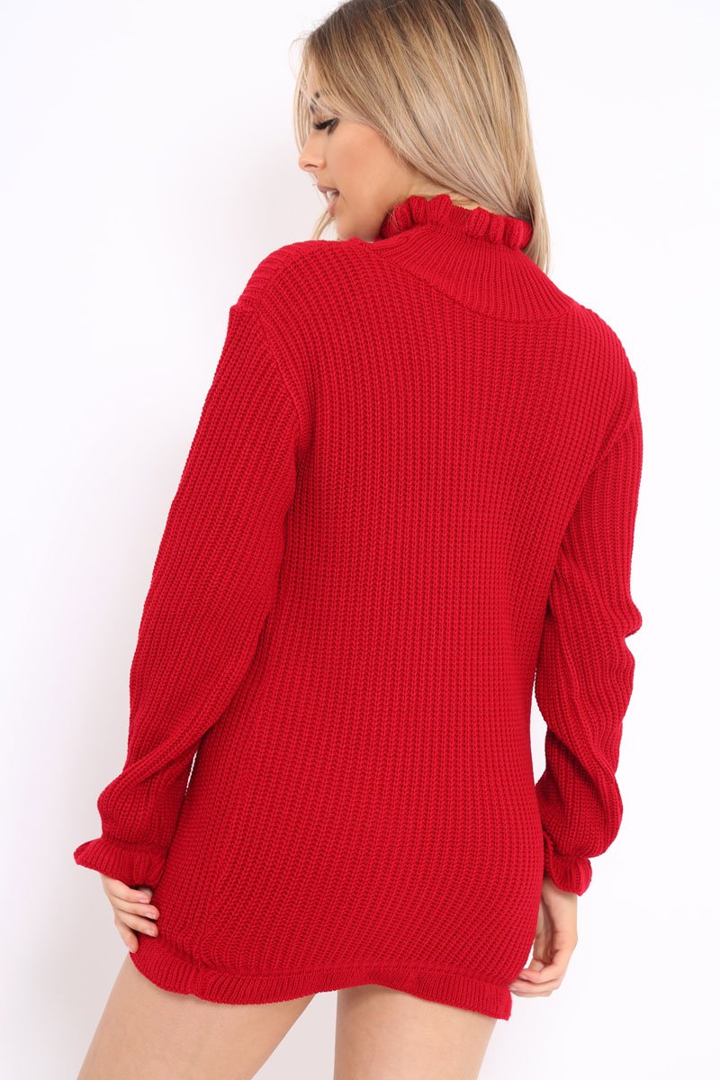 Red Knitted Ruffle Jumper Dress with Elasticated hems - Velma-Dresses