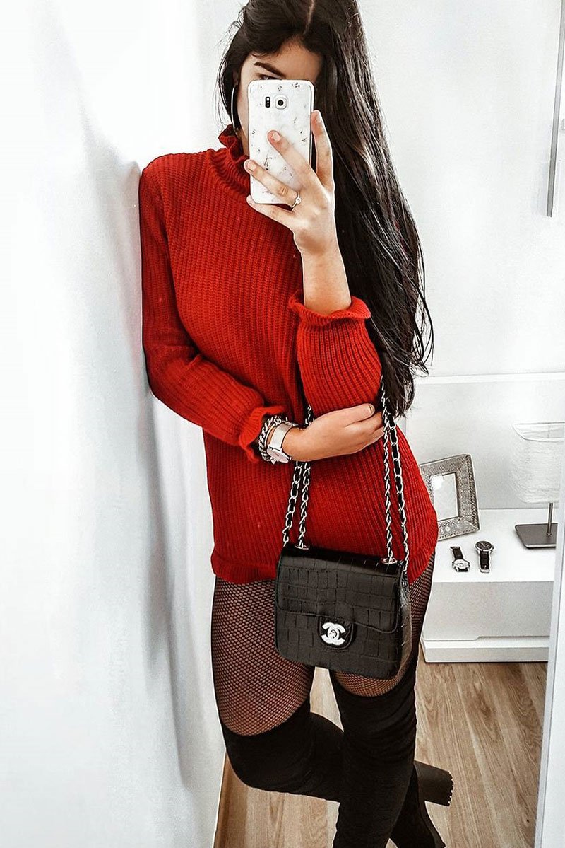 Red Knitted Ruffle Jumper Dress with Elasticated hems - Velma-Dresses