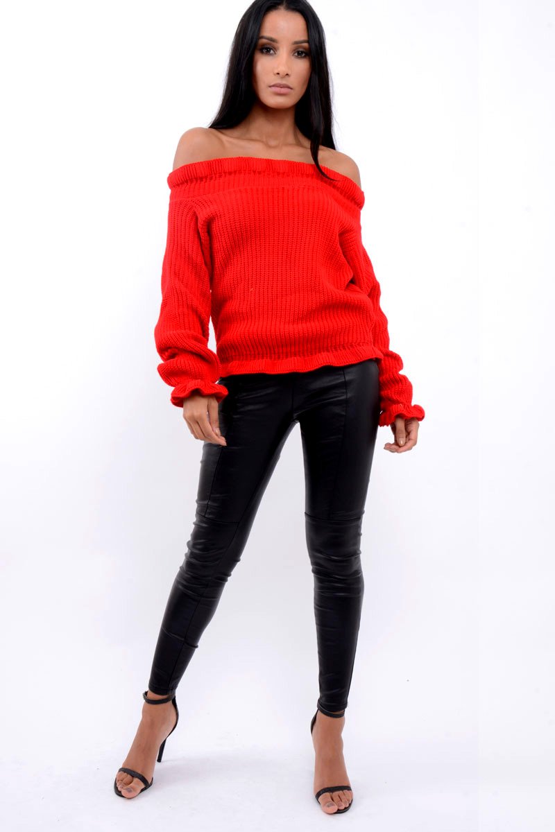 Red Knitted Ruffle Jumper with Elasticated hems - Eve-Jumper