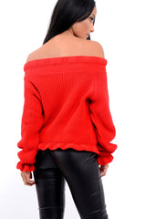 Red Knitted Ruffle Jumper with Elasticated hems - Eve-Jumper