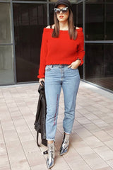 Red Knitted Ruffle Jumper with Elasticated hems - Eve-Jumper