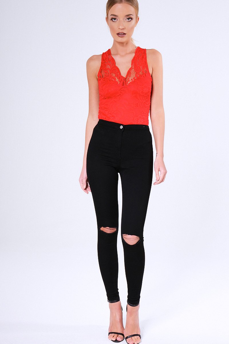 Red Lace Bodysuit - Aubrey-Bodysuits