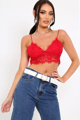 Red Lace Cami Strap Crop Top - Lesta-Crop Tops