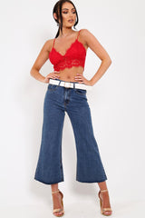Red Lace Cami Strap Crop Top - Lesta-Crop Tops