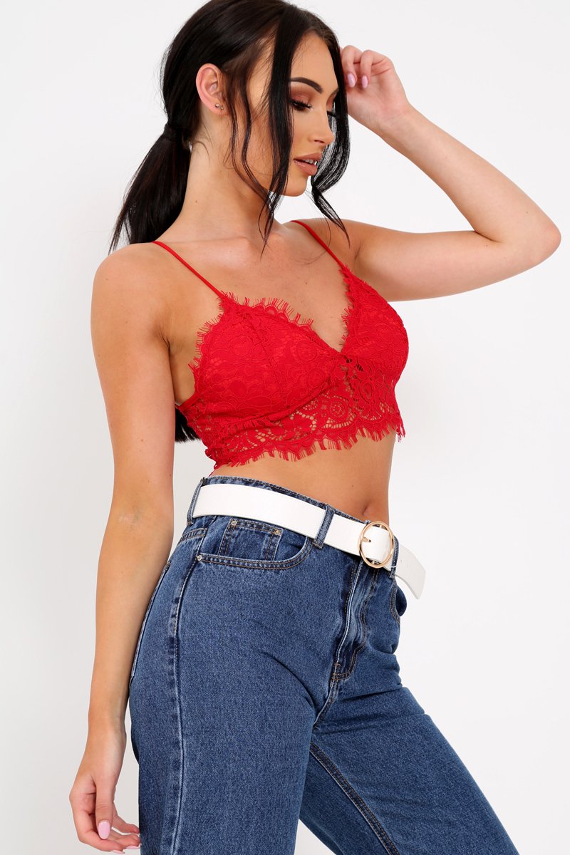 Red Lace Cami Strap Crop Top - Lesta-Crop Tops