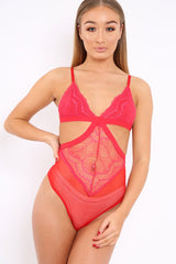 Red Lace Cut Out Bodysuit - Brina-Bodysuits