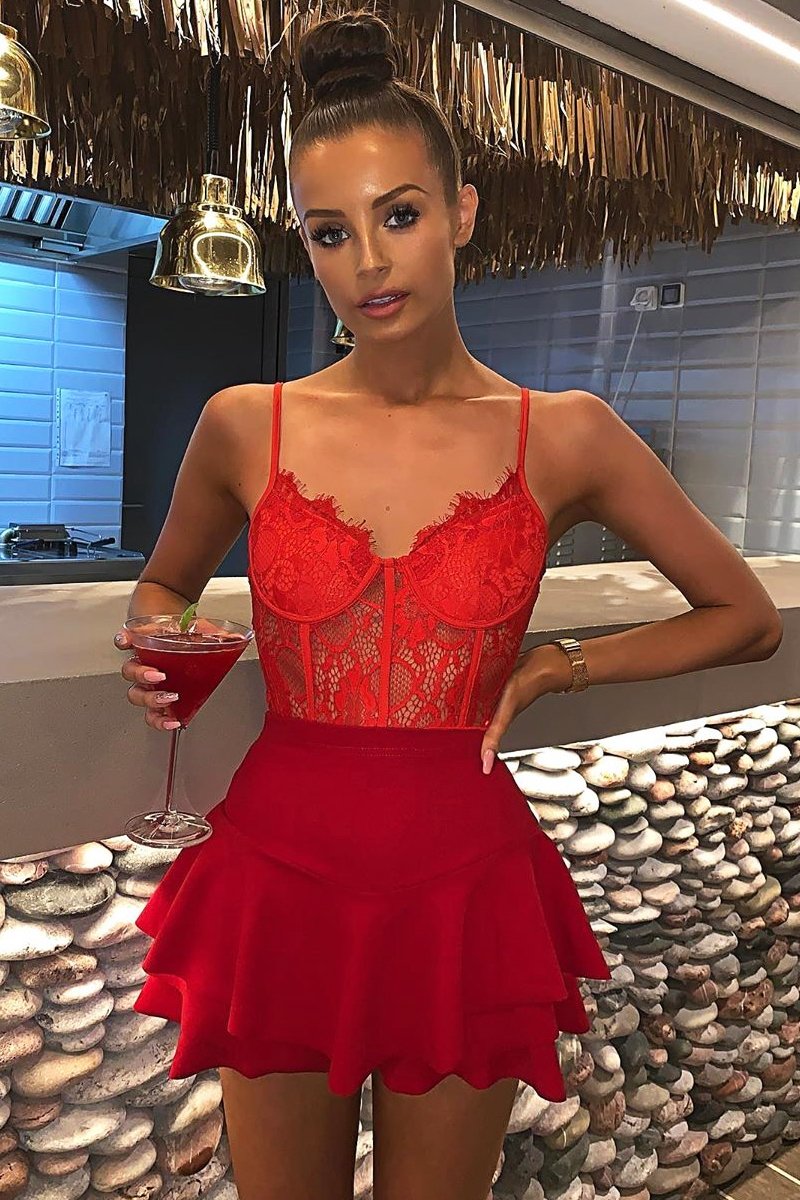 Red Lace Flower Bodysuit - Faylen-Bodysuits