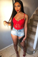 Red Lace Flower Bodysuit - Faylen-Bodysuits