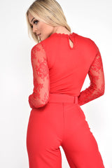 Red Lace Mesh Insert Plunge Bodysuit - Taylen-Bodysuits
