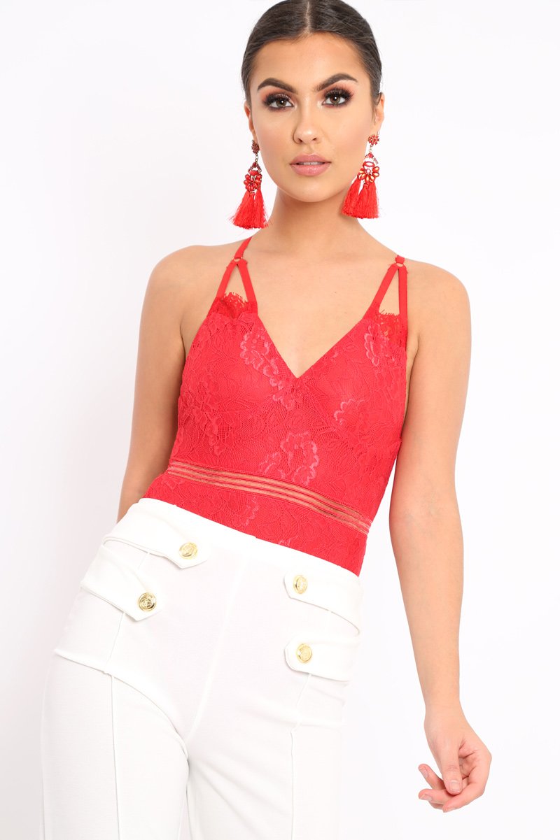 Red Lace Open Back Bodysuit - Naomie-Bodysuits