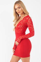 Red Lace Plunge Front Mini Dress - Camrena-Dresses