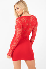 Red Lace Plunge Front Mini Dress - Camrena-Dresses