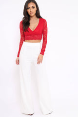 Red Lace Plunge Scalloped Hem Crop Top - Elouise-Crop Tops