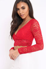 Red Lace Plunge Scalloped Hem Crop Top - Elouise-Crop Tops