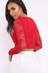 Red Lace Plunge Scalloped Hem Crop Top - Elouise-Crop Tops