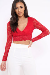 Red Lace Plunge Scalloped Hem Crop Top - Elouise-Crop Tops