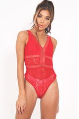 Red Lace Sleeveless Open Back Bodysuit - Molina-Bodysuits