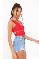 Red Lace Sleeveless Open Back Bodysuit - Molina-Bodysuits