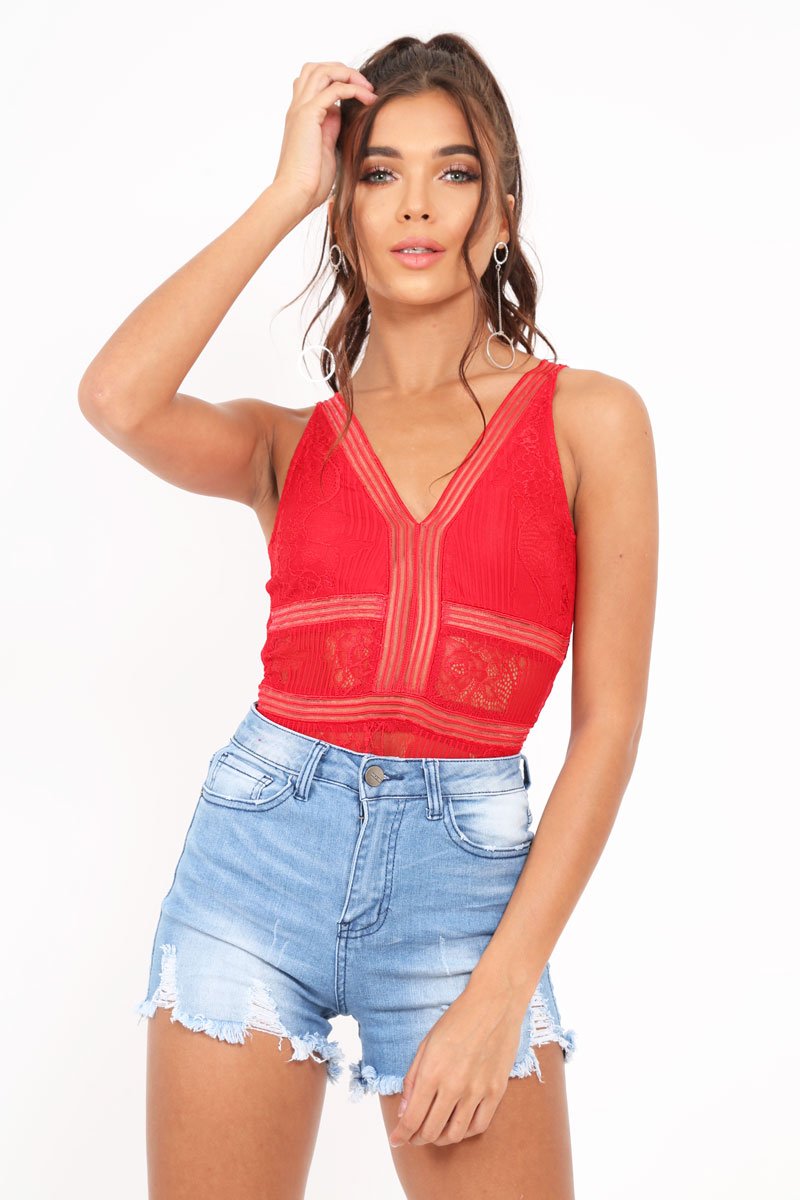 Red Lace Sleeveless Open Back Bodysuit - Molina-Bodysuits