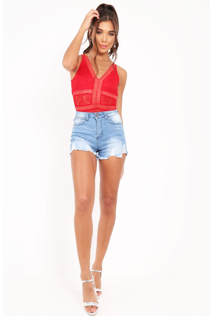 Red Lace Sleeveless Open Back Bodysuit - Molina-Bodysuits