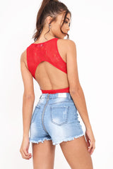 Red Lace Sleeveless Open Back Bodysuit - Molina-Bodysuits
