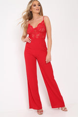 Red Lace Top Jumpsuit - Alicea-Jumpsuits