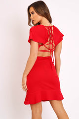 Red Lace Up Back Peplum Dress - Bryna-Dresses