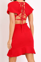 Red Lace Up Back Peplum Dress - Bryna-Dresses