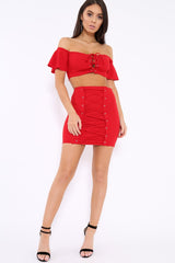 Red Lace Up Crop Top And Skirt Co-ord - Pixie-Co-ords