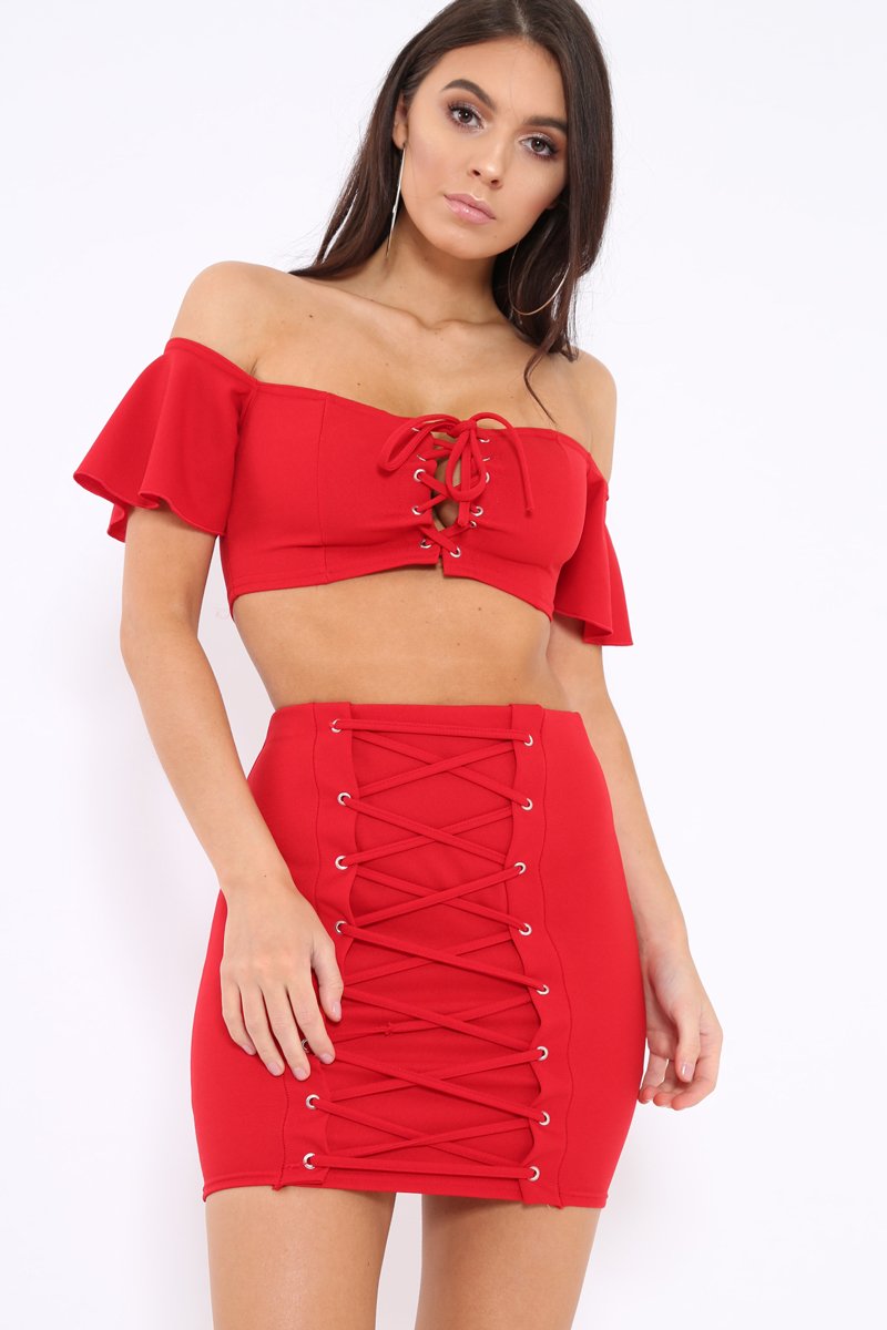 Red Lace Up Crop Top And Skirt Co-ord - Pixie-Co-ords