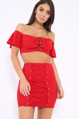 Red Lace Up Crop Top And Skirt Co-ord - Pixie-Co-ords