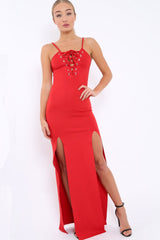 Red Lace Up Front Front Dress - Kailani-Dresses