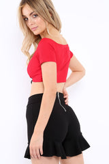 Red Lace Up Front Ribbed Crop Top - Keegan-Crop Tops
