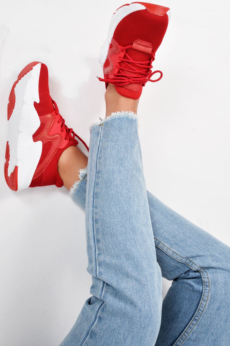 Red Lace Up Glitter Mesh Trainers - Tasmina-Trainers